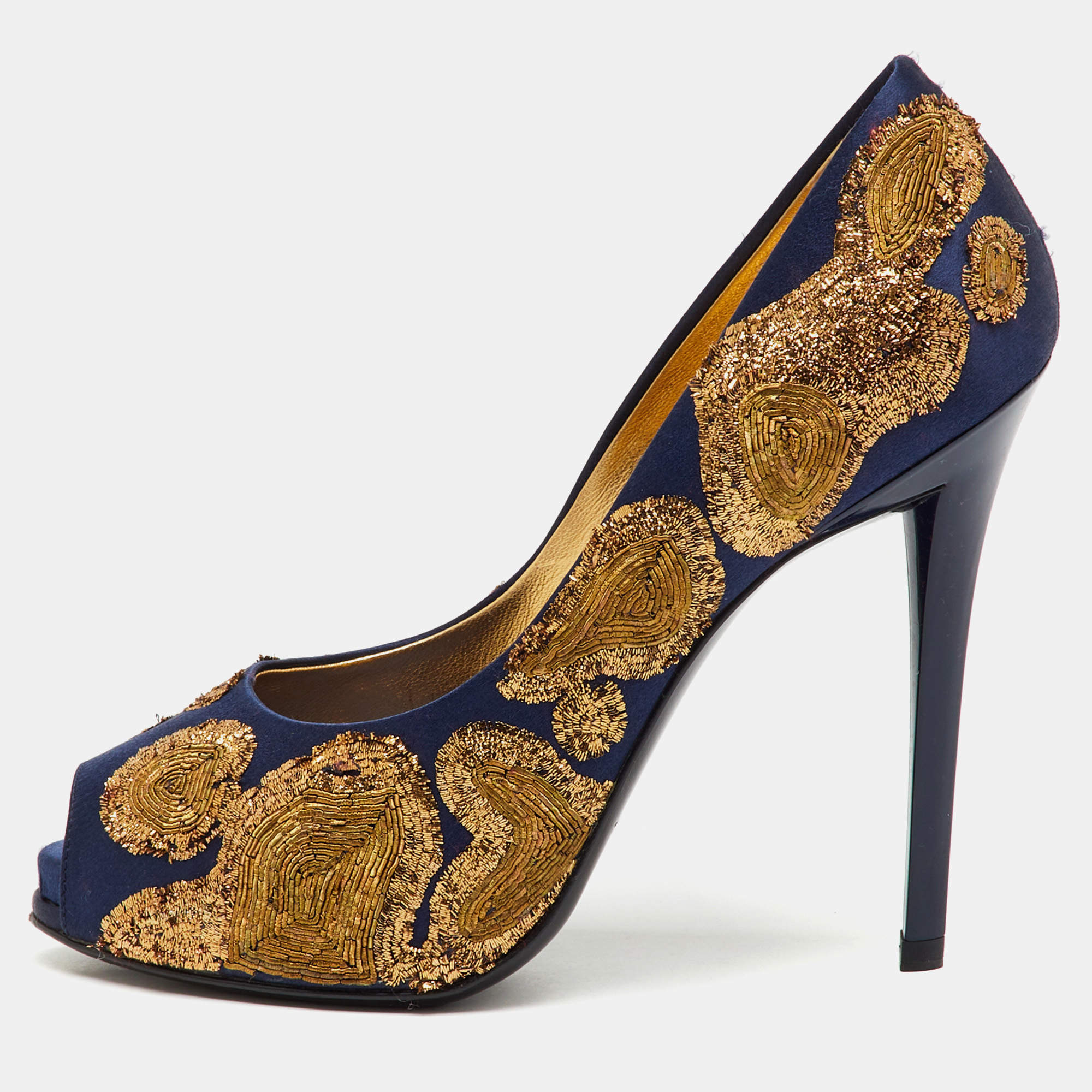 Pre Owned Roger Vivier Navy Blue/Gold Embroidered Satin Peep Toe Platform Pumps Size 36