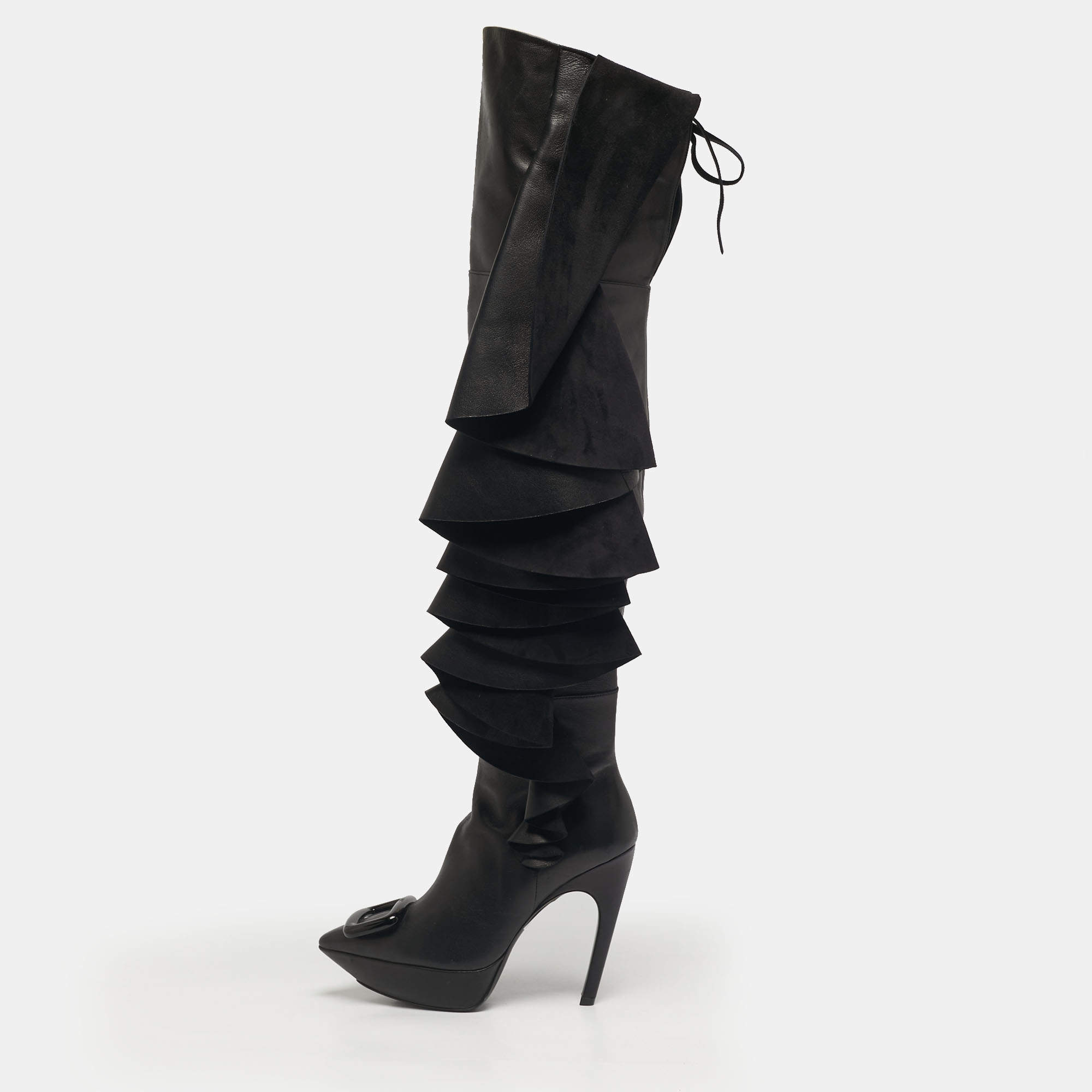 Pre Owned Roger Vivier Black Leather and Suede Rouches Cuissards Over The Knee Boots Size 38