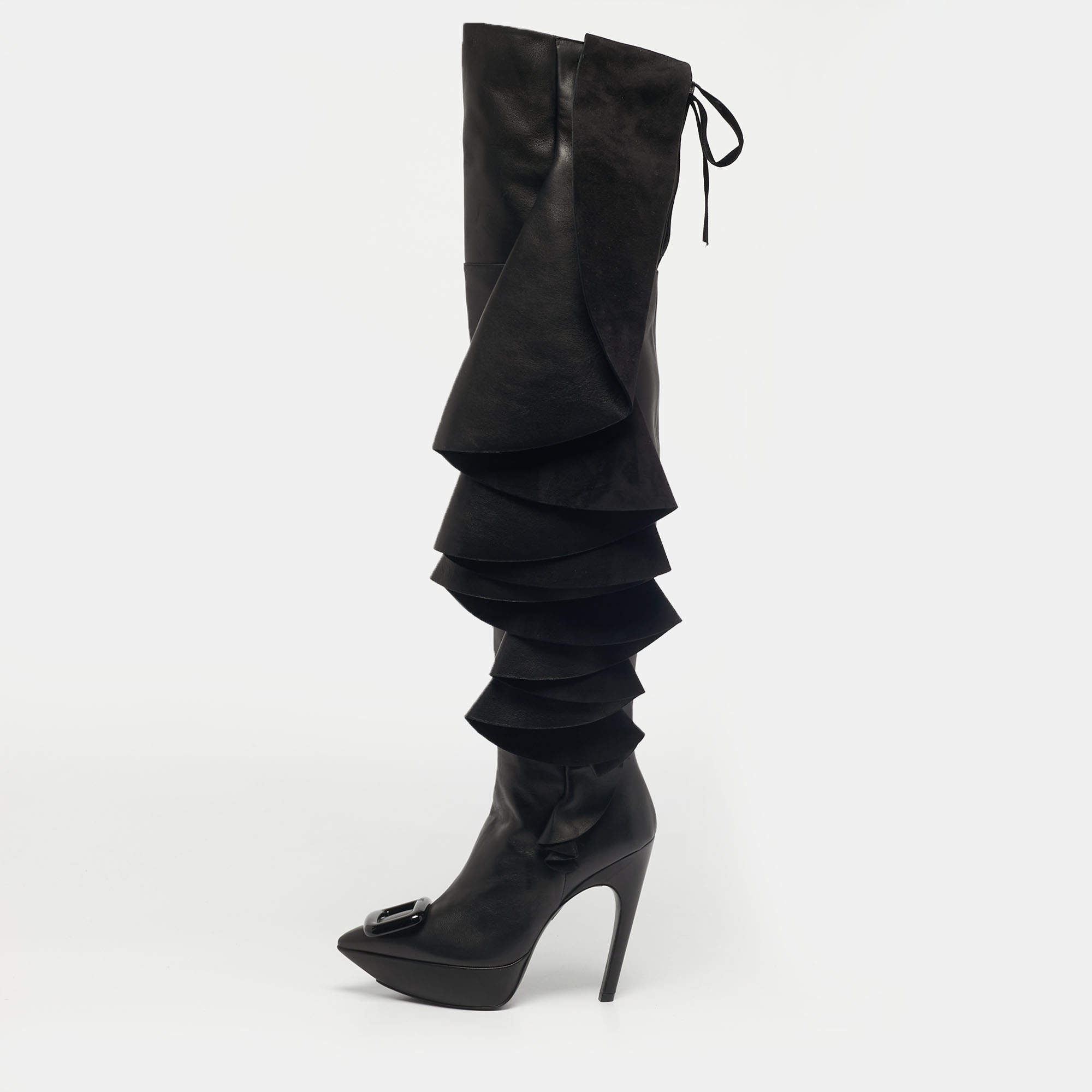 Pre Owned Roger Vivier Black Leather Viv' Choc Rouches Cuissards Knee Length Boots Size 37
