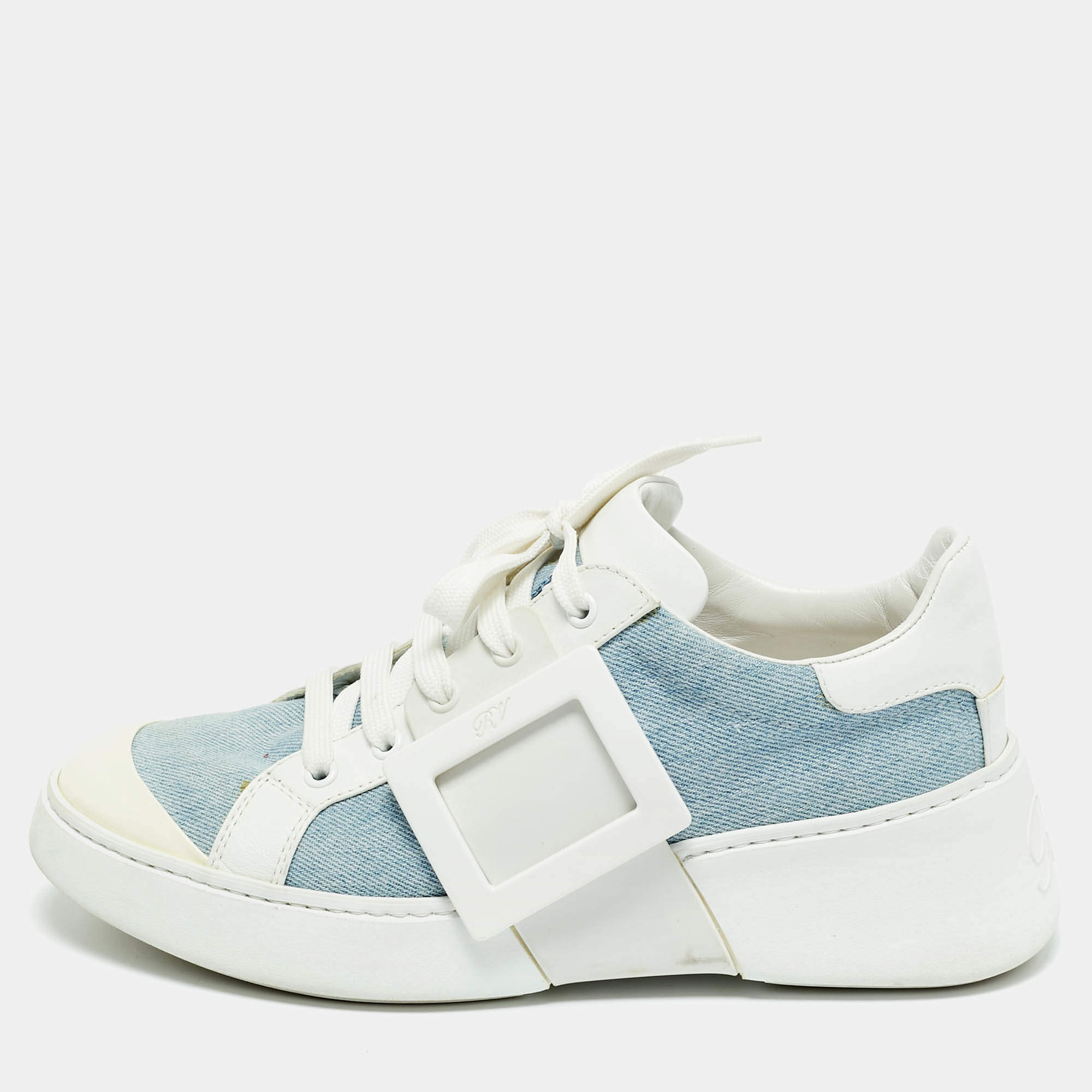 Pre Owned Roger Vivier White/Blue Denim and Leather Viv Skate Sneakers Size 39