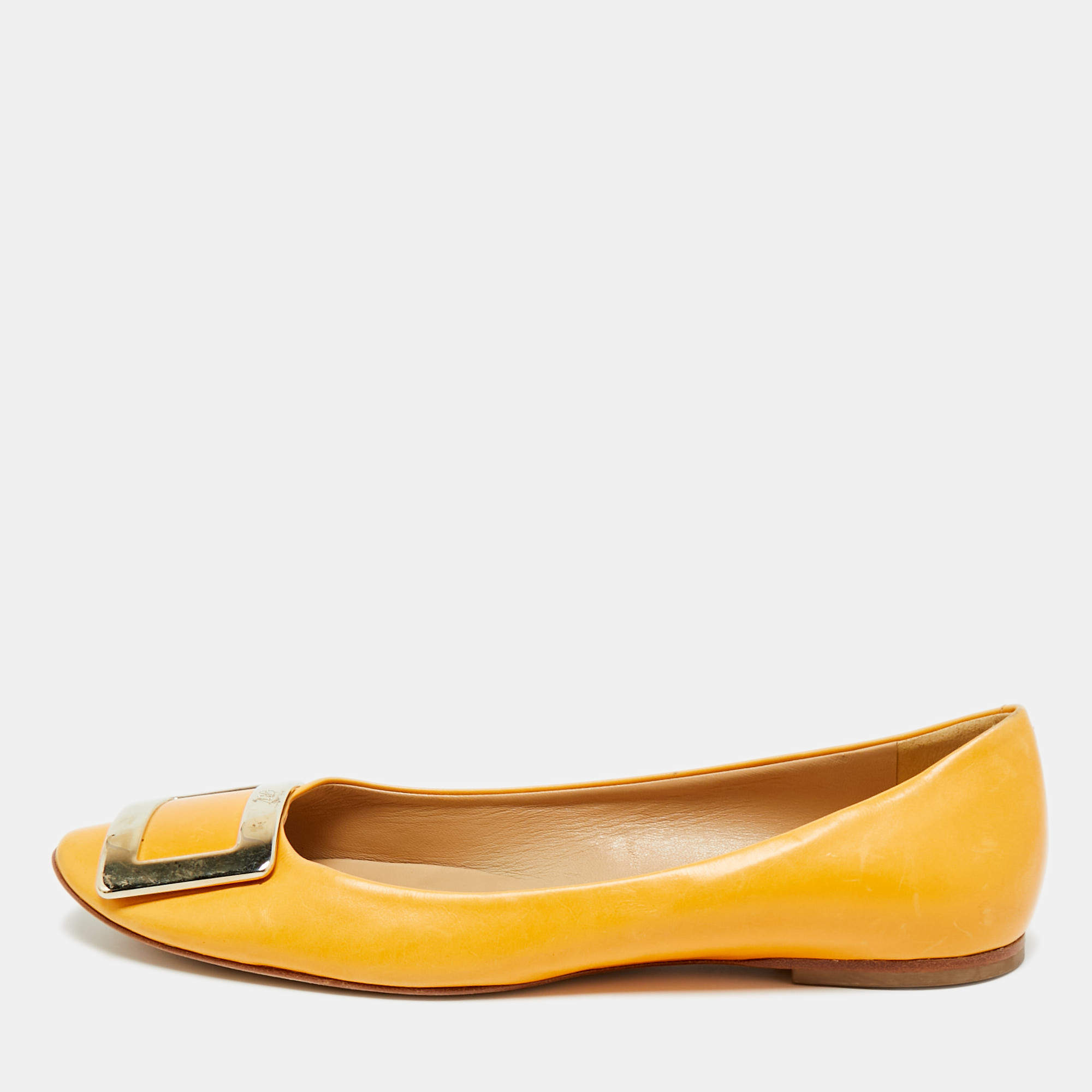 Pre Owned Roger Vivier Yellow Leather Trompette Ballet Flats Size 38.5