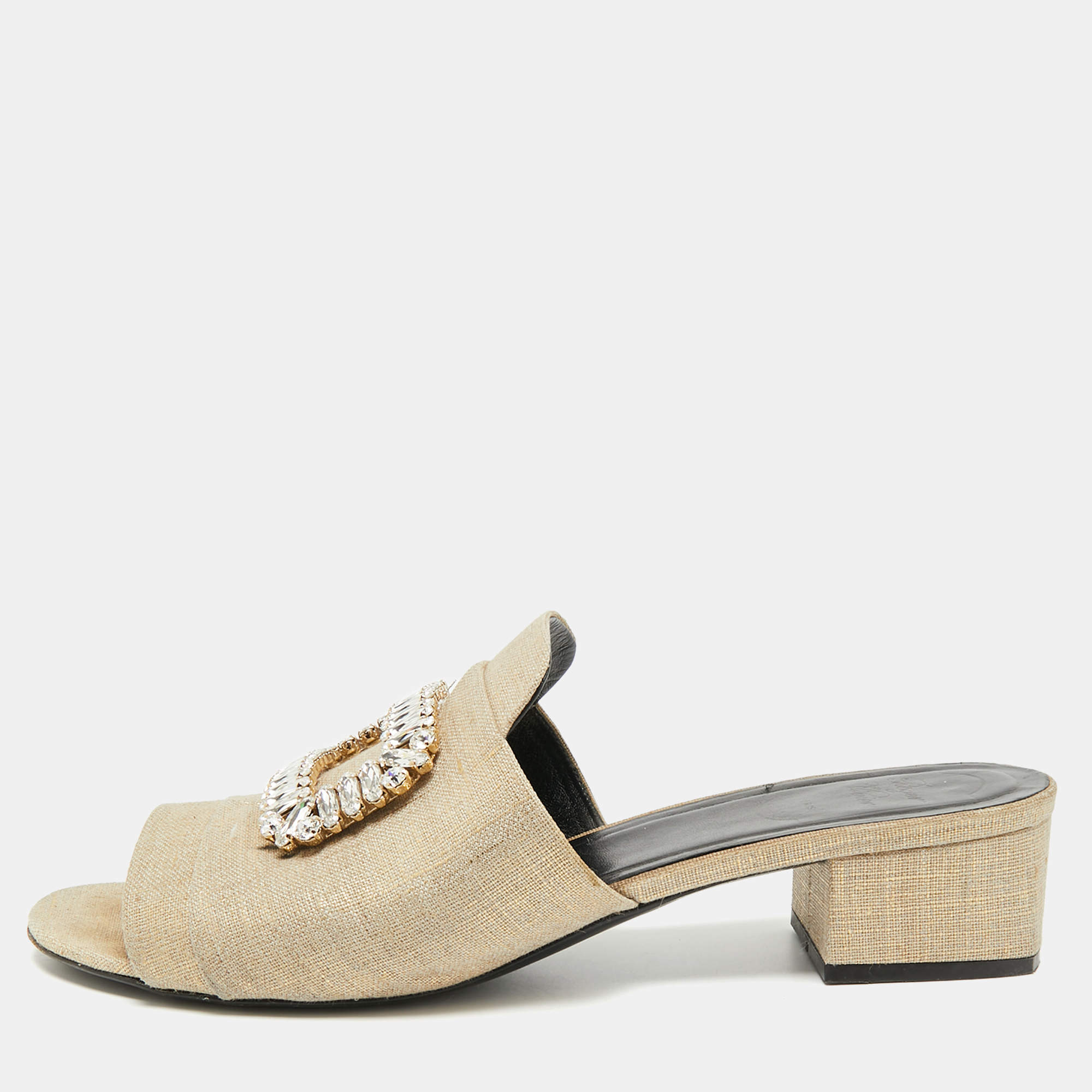 Pre Owned Roger Vivier Size 41 Beige Canvas Crystal Embellished Slide Sandals