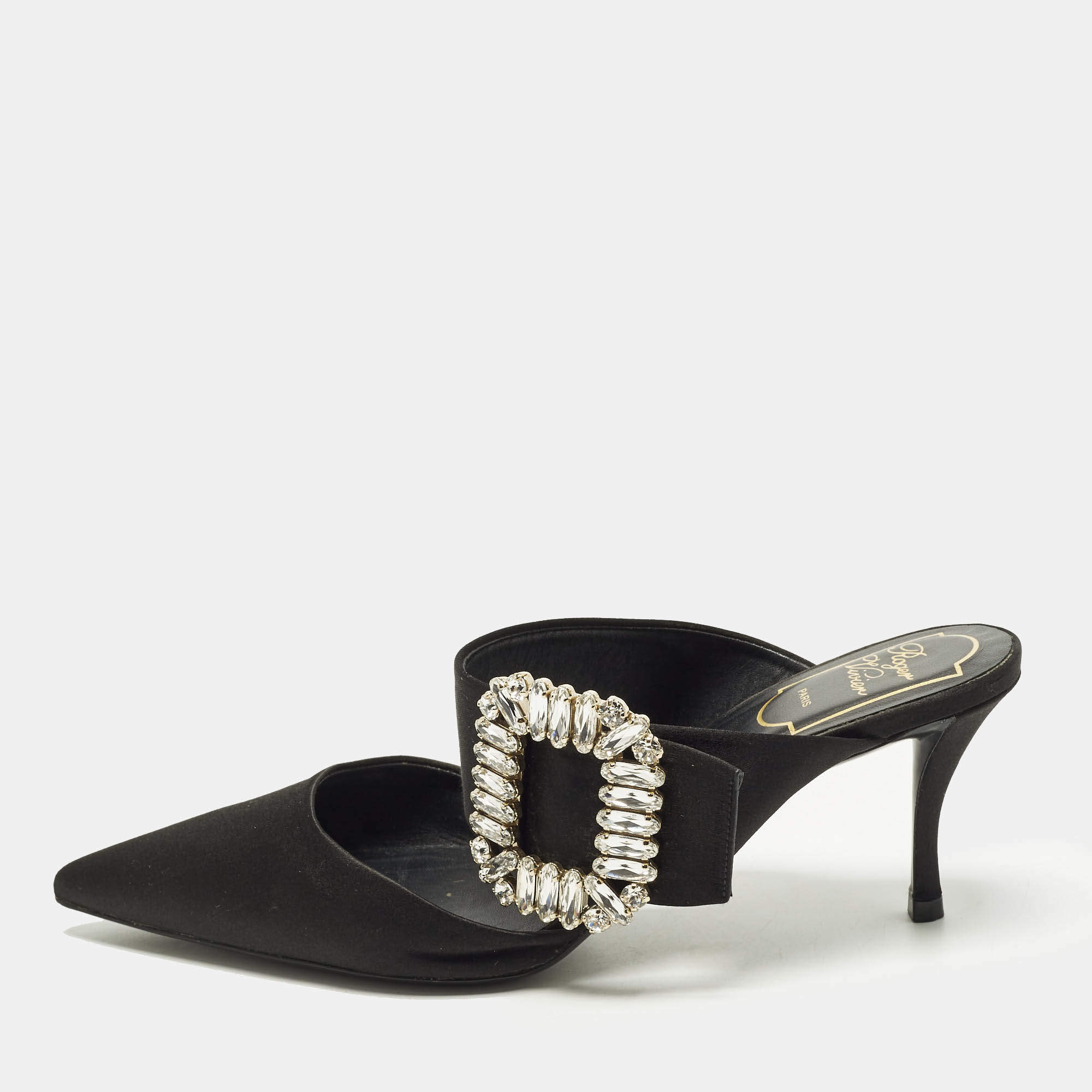 Pre Owned Roger Vivier Size 36 Black Satin Buckle Crystal Embellished Mules