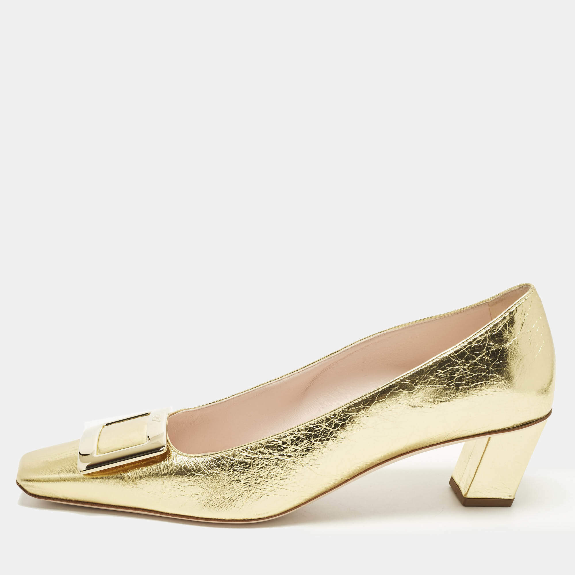 مملوكة مسبقًا حذاء كعب عالي روجيه فيفييه ترومبيت جلد ذهبي مقاس 41