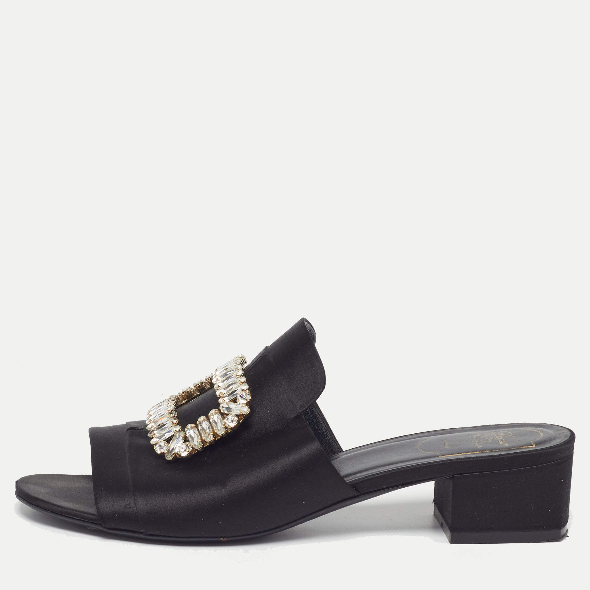 مملوكة مسبقًا صندل سلايد روجر فيفييه مزخرف كريستال ساتان أسود مقاس 41