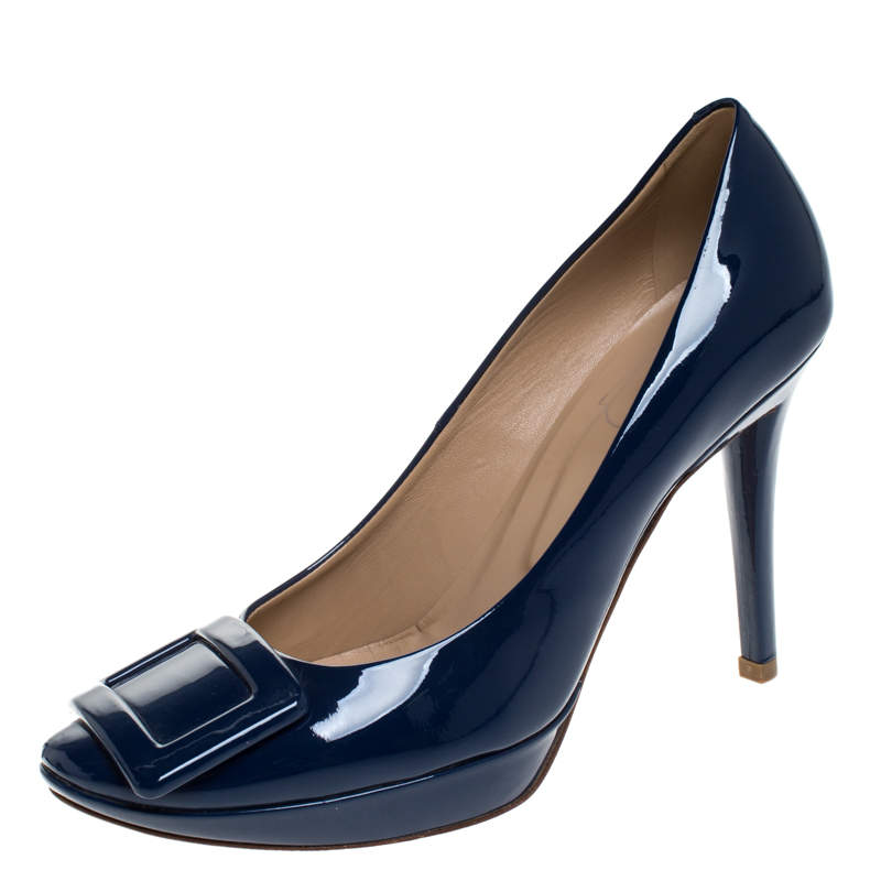 Pre Owned Roger Vivier Blue Patent Leather Belle Trompette Pumps Size 37.5