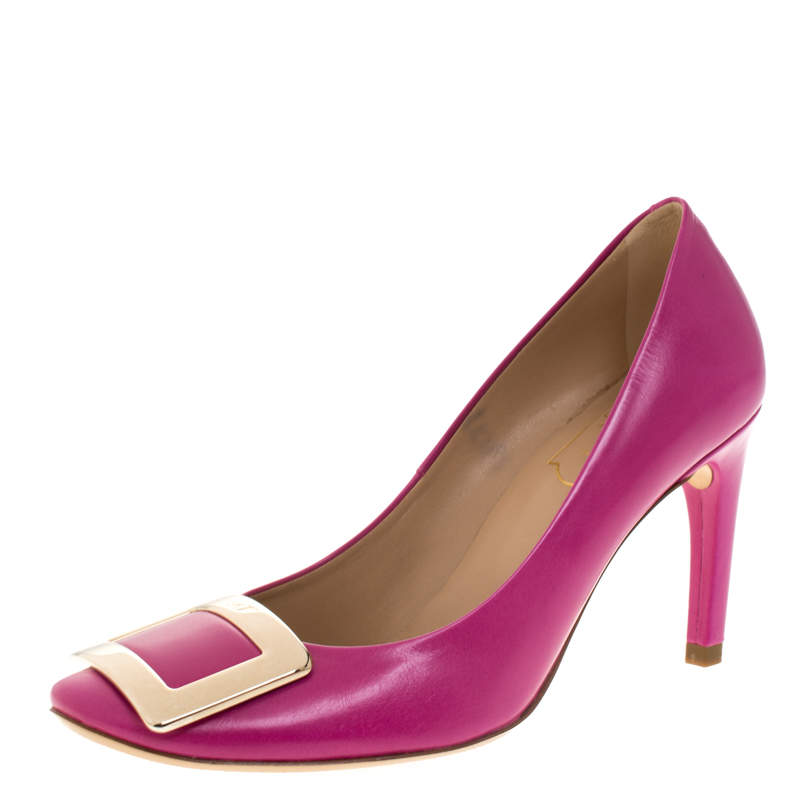 Pre Owned Roger Vivier Pink Leather Metal Logo Round Toe Pumps Size 36