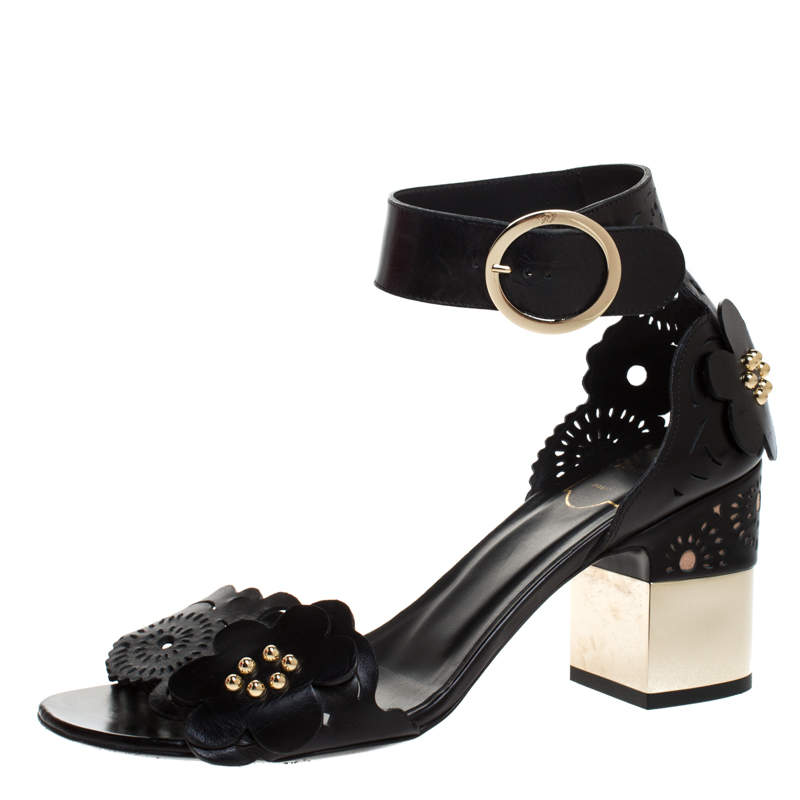 Pre Owned Roger Vivier Black Leather Floral Applique Laser Cut Ankle Strap Sandals Size 40