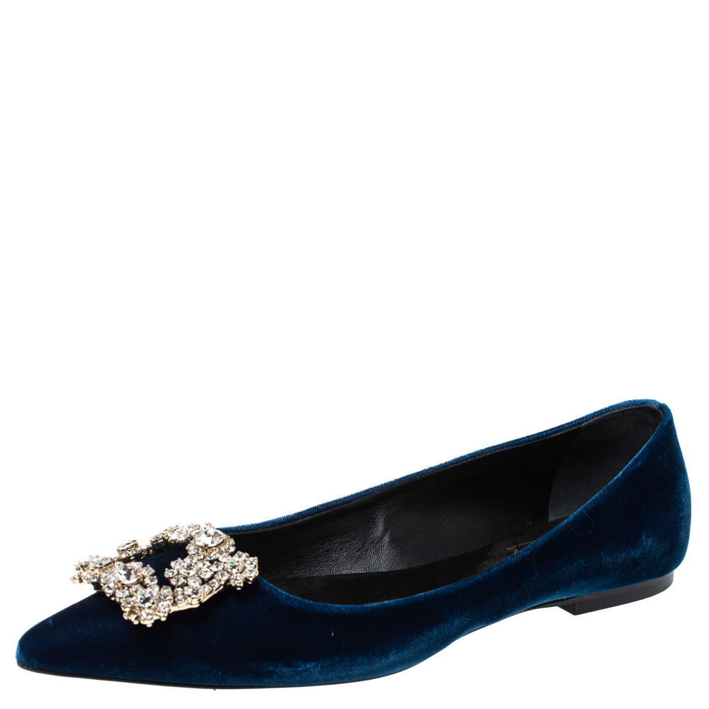 Pre Owned Roger Vivier Blue Velvet Dec Flower Crystal Embellished Pointed Toe Ballet Flats Size 37