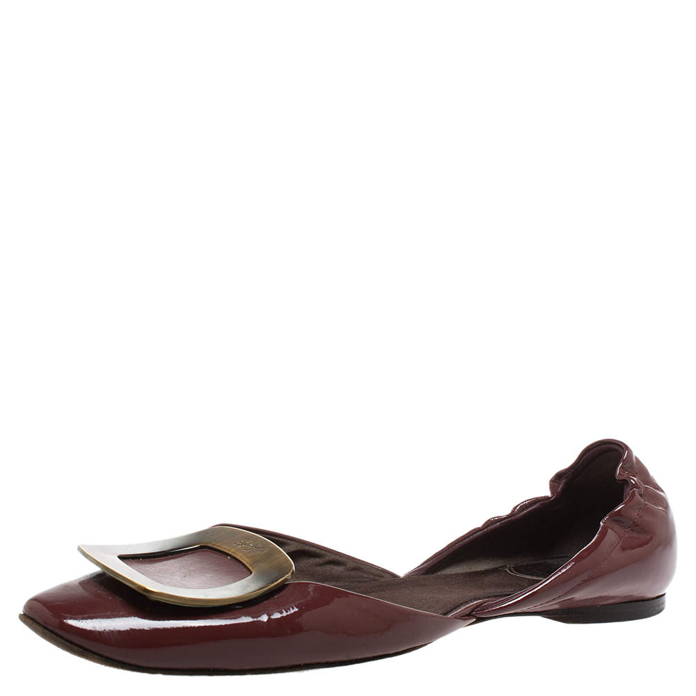 Pre Owned Roger Vivier Burgundy Patent Chips Ballerina D'orsay Flats Size 37