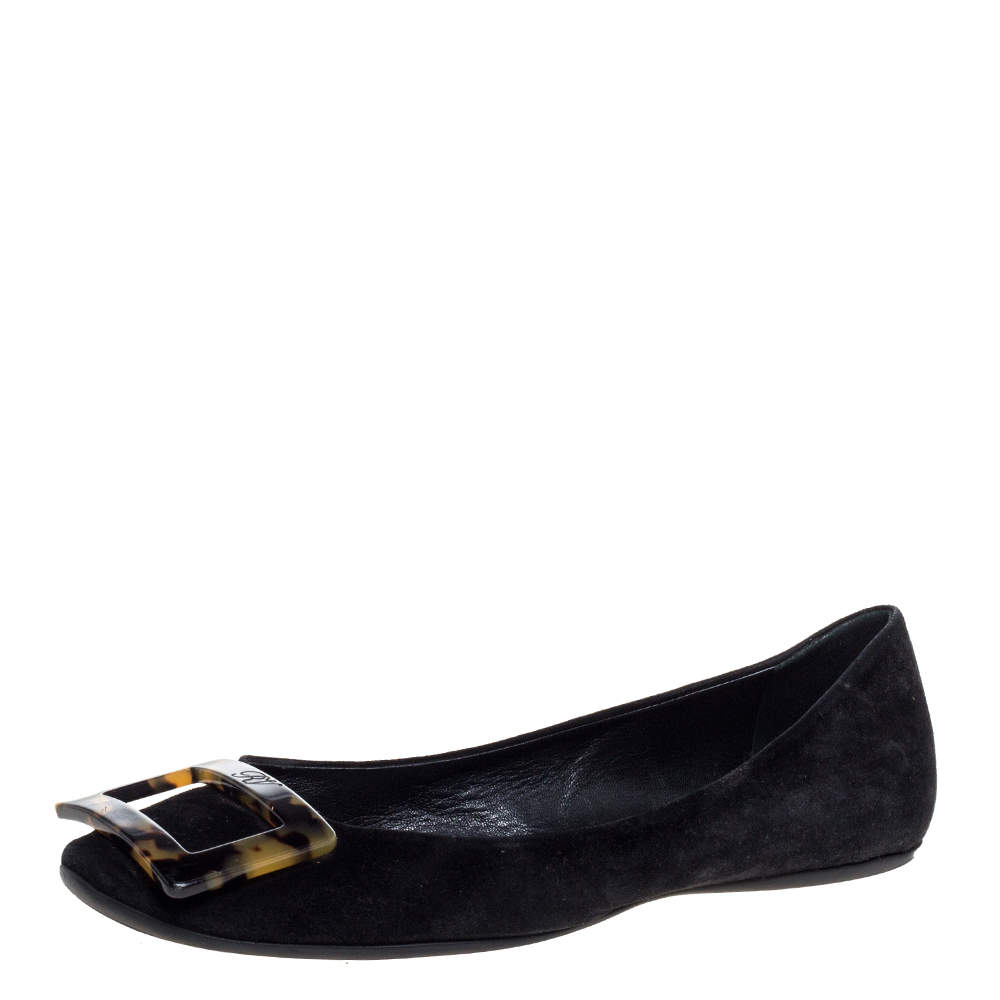 Roger Vivier Black Suede Tortoise Shell Buckle Ballet Flats Size 36.5