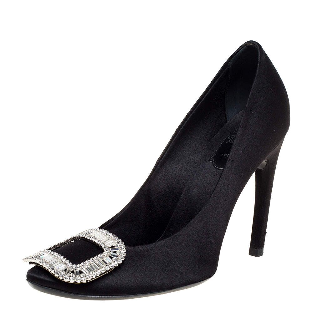 Pre Owned Roger Vivier Black Embellished Satin Limelight Buckle Pumps Size 37