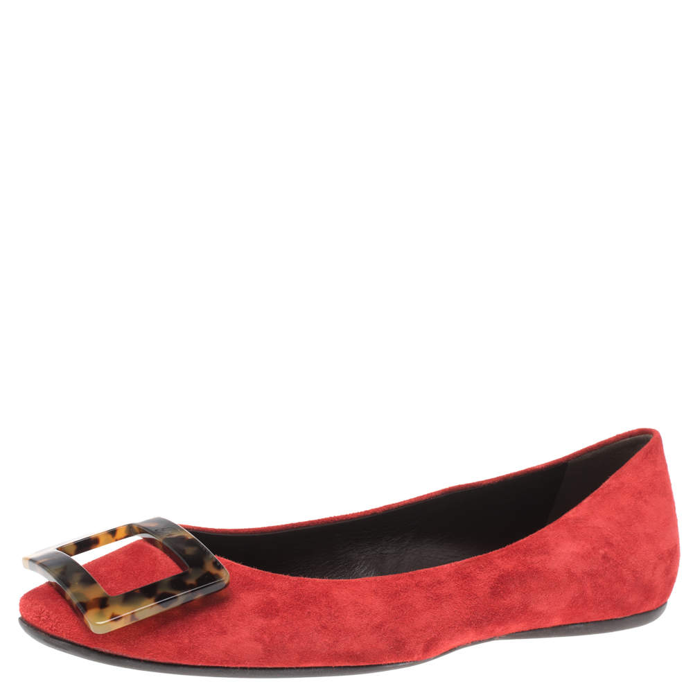 Pre Owned Roger Vivier Red Suede Tortoiseshell Belle Ballet Flats Size 36.5