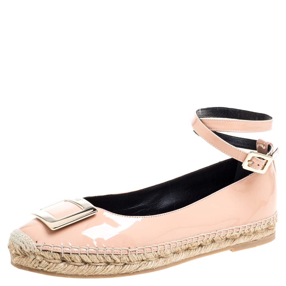 Pre Owned Roger Vivier Light Pink Patent Leather Buckle Ankle Wrap Espadrille Flats Size 39.5