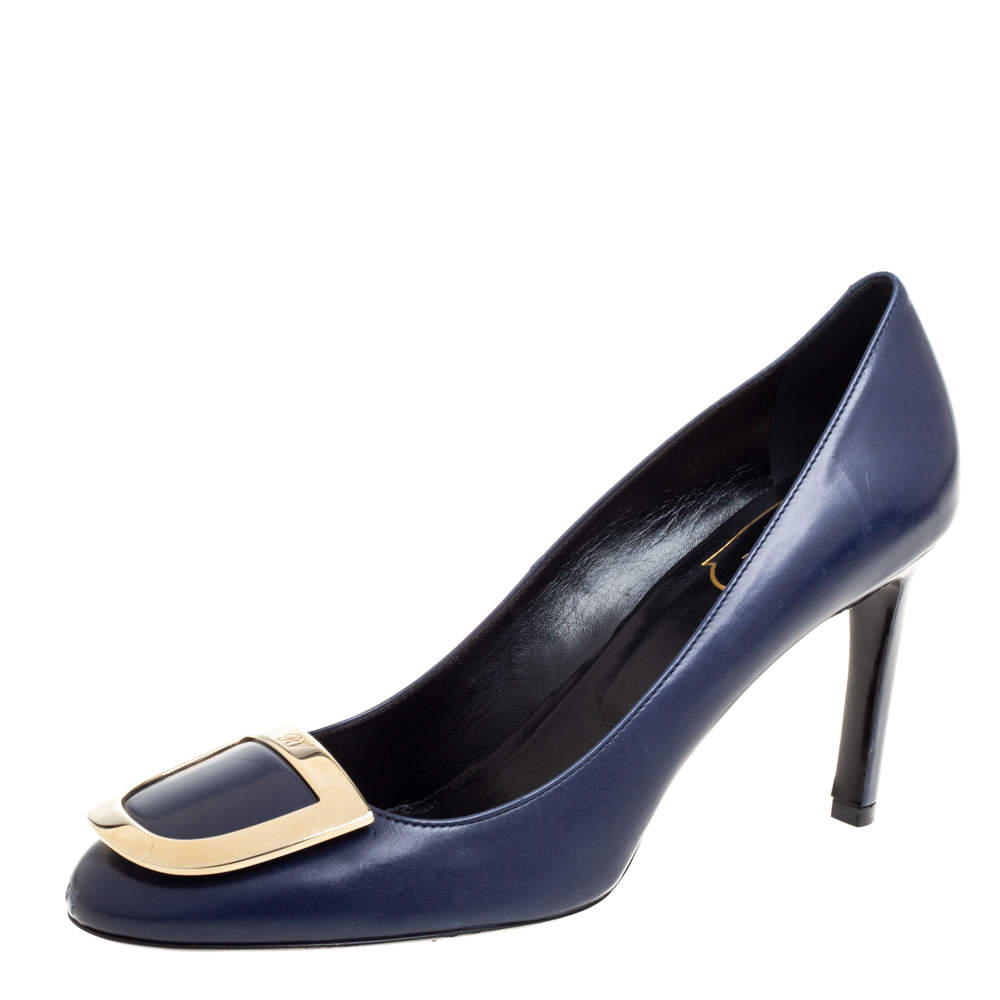 Pre Owned Roger Vivier Blue Leather Round Toe Pumps Size 38