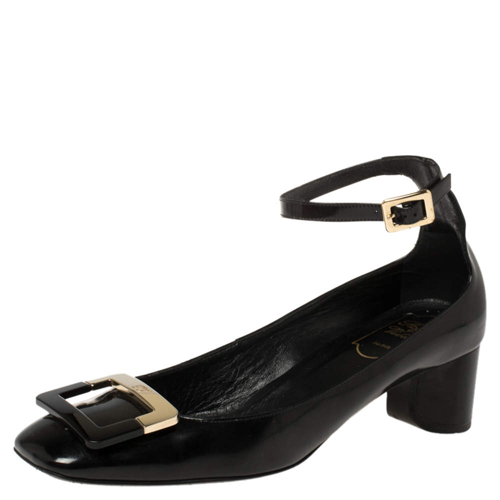 Pre Owned Roger Vivier Black Leather Buckle Detail Ankle Strap Pumps Size 38.5