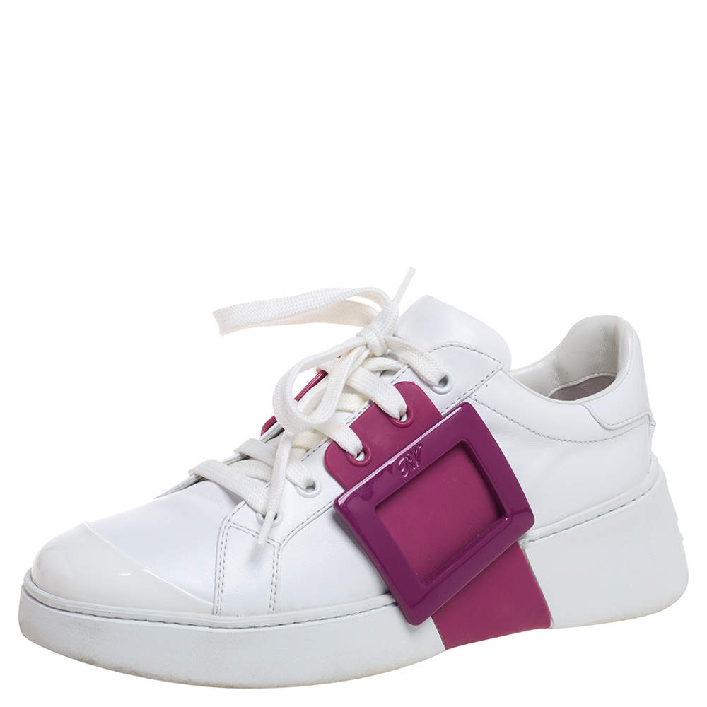 Roger Vivier White/Pink Leather And Rubber  Viv Skate Sneakers Size 37