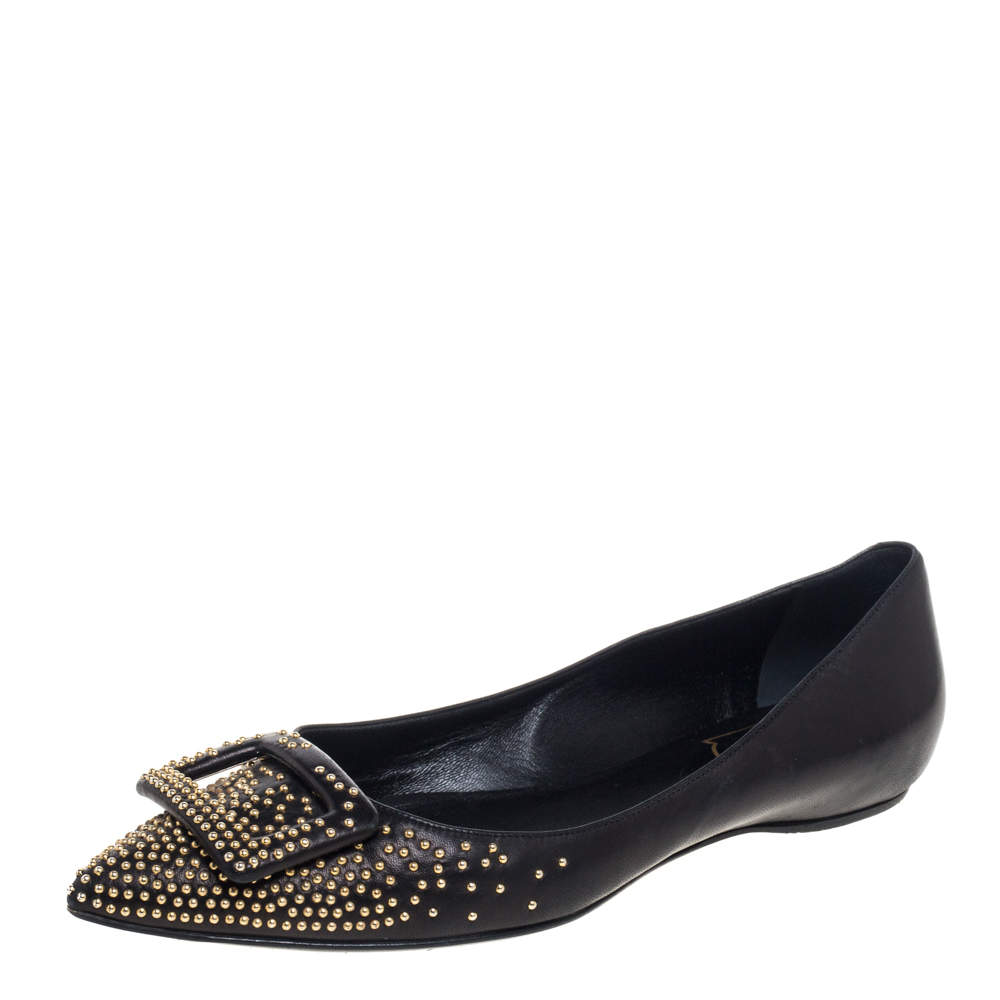 Roger Vivier Black Studded Leather Gommettine Ballet Flats Size 37