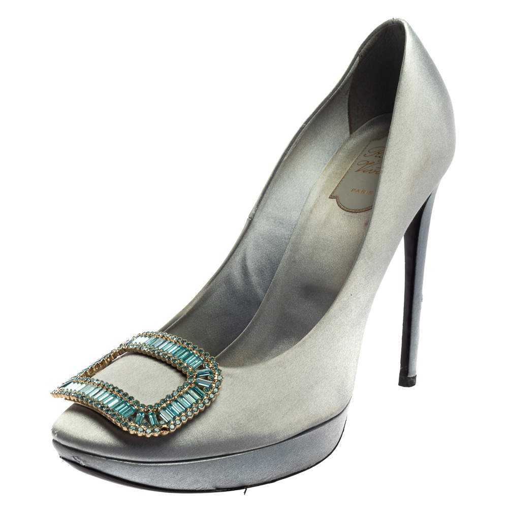 Roger Vivier Grey Satin Limelight Embellished Pumps Size 40