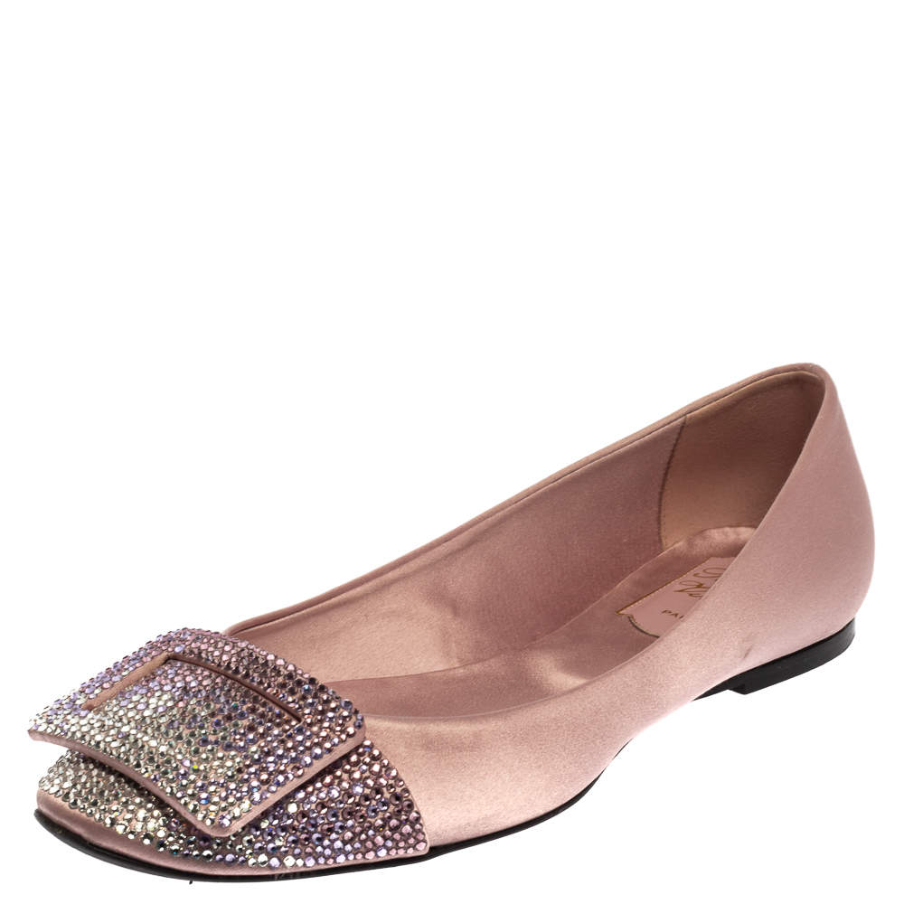 Pre Owned Roger Vivier Pink Satin Embellished Ballet Flats Size 37