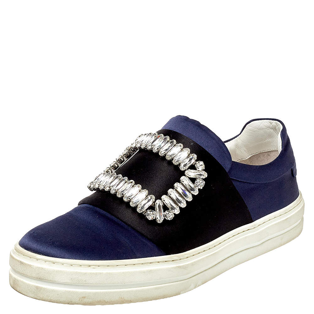 Roger Vivier Navy Blue/Black Satin Sneaky Viv Embellished Slip On Sneakers Size 35