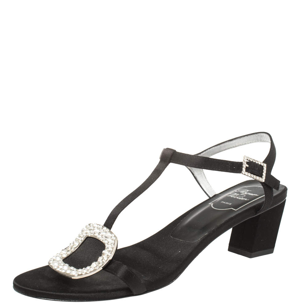 Pre Owned Roger Vivier Black Satin Chips Crystal Embellished Ankle Strap Sandals Size 39