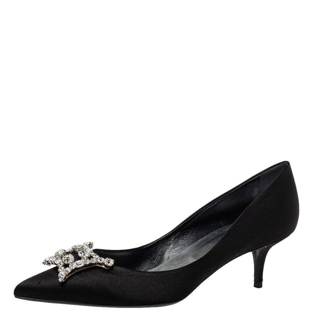 Pre Owned Roger Vivier Black Satin Crystal Embellished Pointed Toe Pumps Size 39.5