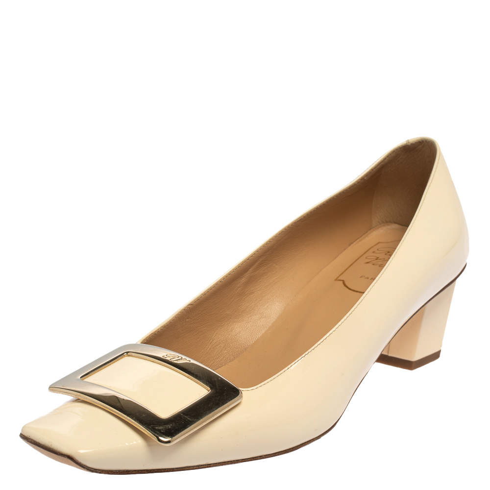 Pre Owned Roger Vivier Beige Patent Leather Belle Vivier Buckle Pumps Size 36.5