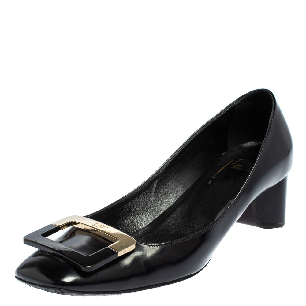 Roger Vivier Black Leather Belle Vivier Buckle Block Heel Pumps Size 38.5