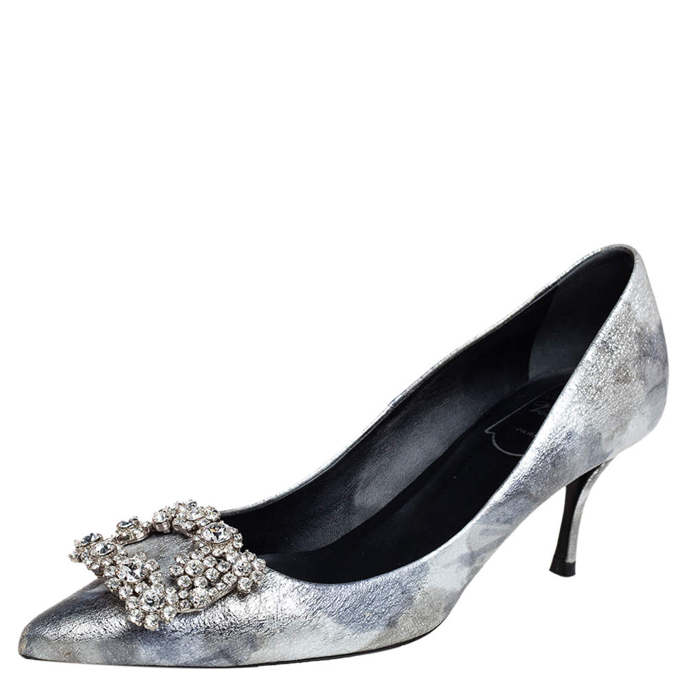 Pre Owned Roger Vivier Silver Foil Leather Flower Strass Crystal Embellished Pointed Toe Pumps Size 37