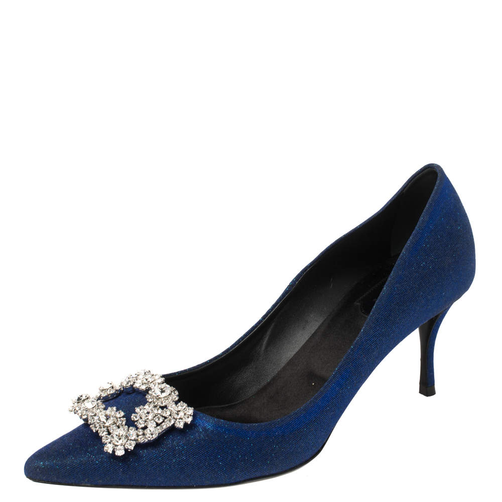 Pre Owned Roger Vivier Blue Glitter Fabric Flower Strass Crystal Embellished Pointed Toe Pumps Size 40