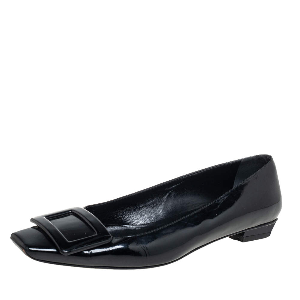 Pre Owned Roger Vivier Black Patent Leather Ballerina Size 37.5