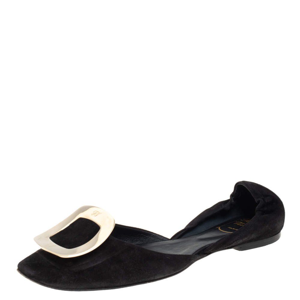 Pre Owned Roger Vivier Black Suede Chips D'Orsay Buckle Flats Size 38