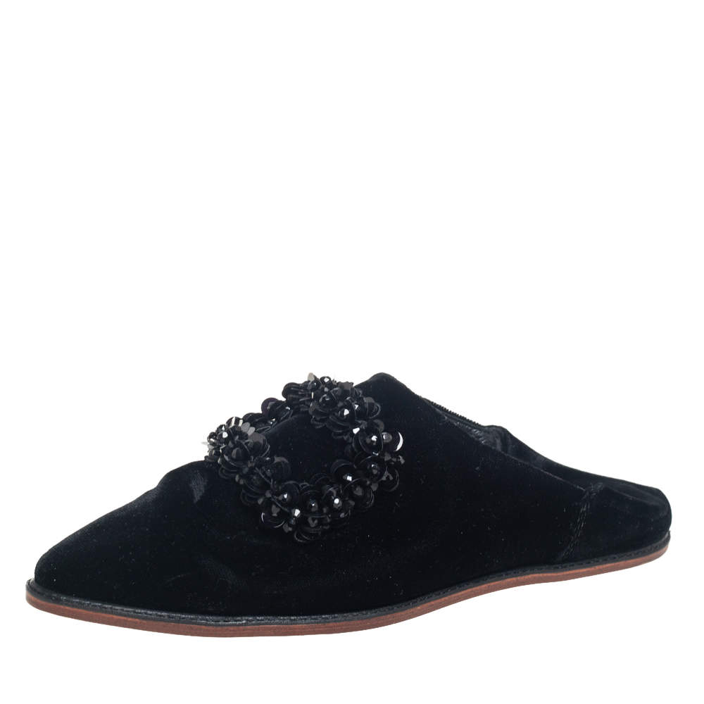 Pre Owned Roger Vivier Black Velvet Bab Viv Haute Epoque Buckle Mules Size 35.5