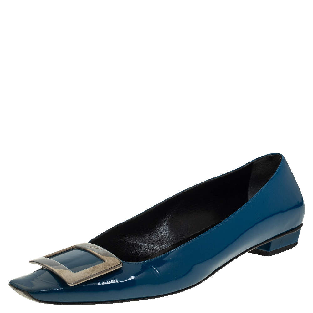 Pre Owned Roger Vivier Teal Blue Patent Leather Trompette Ballet Flats Size 38.5