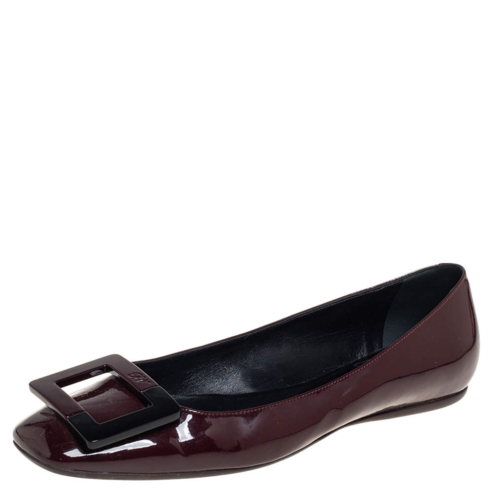 Pre Owned Roger Vivier Brown Patent Leather Flats Size 37.5