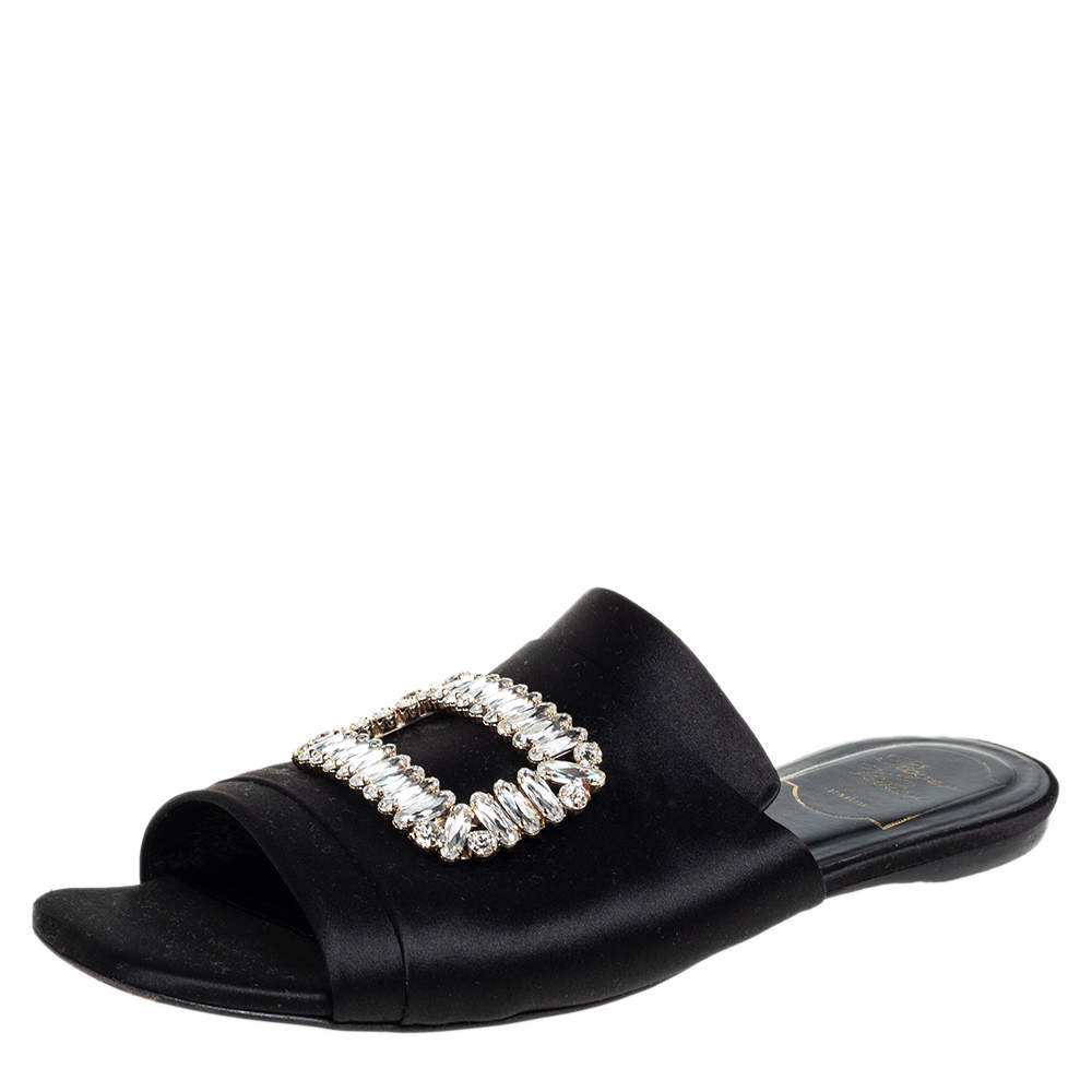 Roger Vivier  Black Satin Slip On Embellished Flat Sandals Size 40