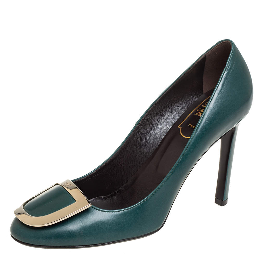 Pre Owned Roger Vivier Green Leather Ecusson Pumps Size 38