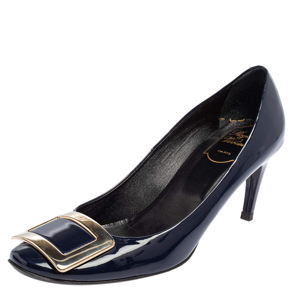 Pre Owned Roger Vivier Navy Blue Patent Leather Trompette Pumps Size 38