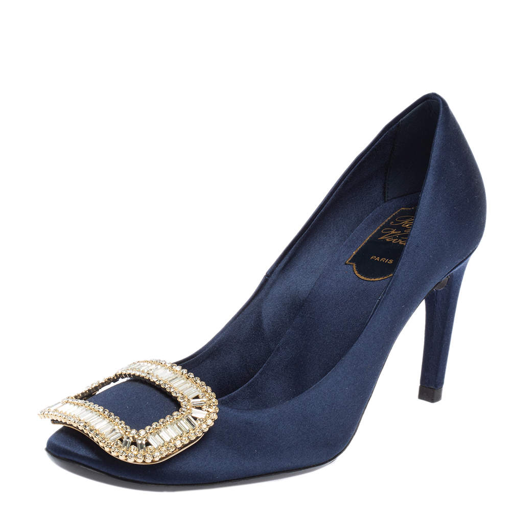 Pre Owned Roger Vivier Blue Embellished Satin Limelight Buckle Pumps Size 36