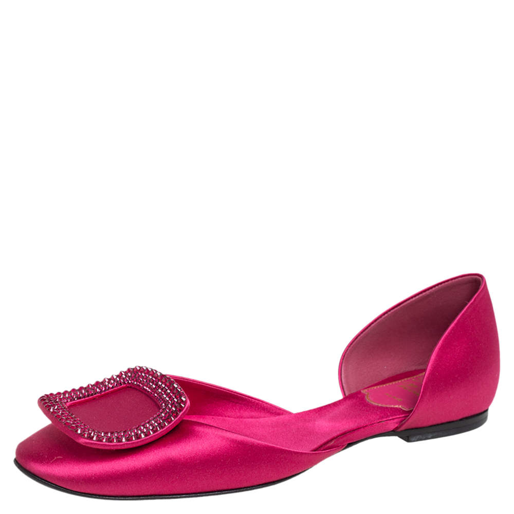 Pre Owned Roger Vivier Pink Satin Crystal Embellished Buckle Flats Size 35.5