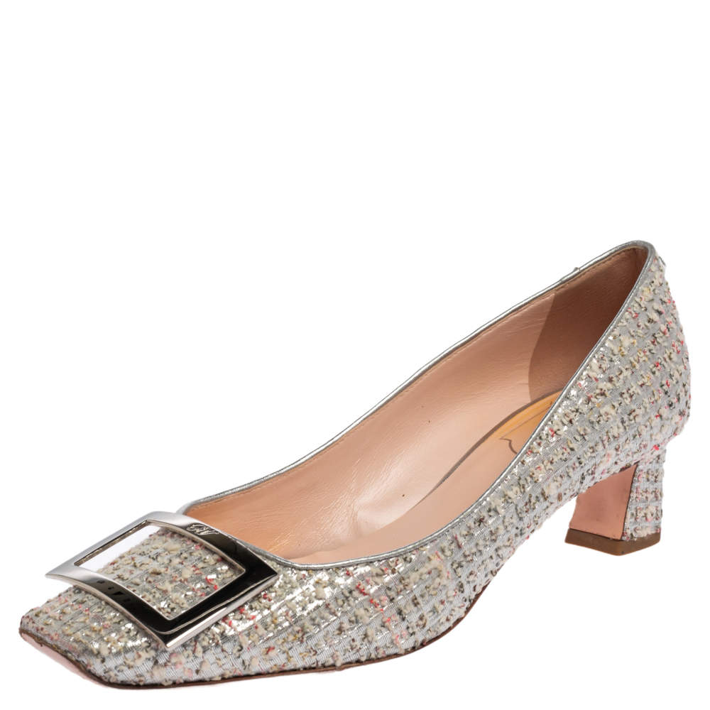 Pre Owned Roger Vivier Silver Tweed Belle Embellished Block Heel Pumps Size 39