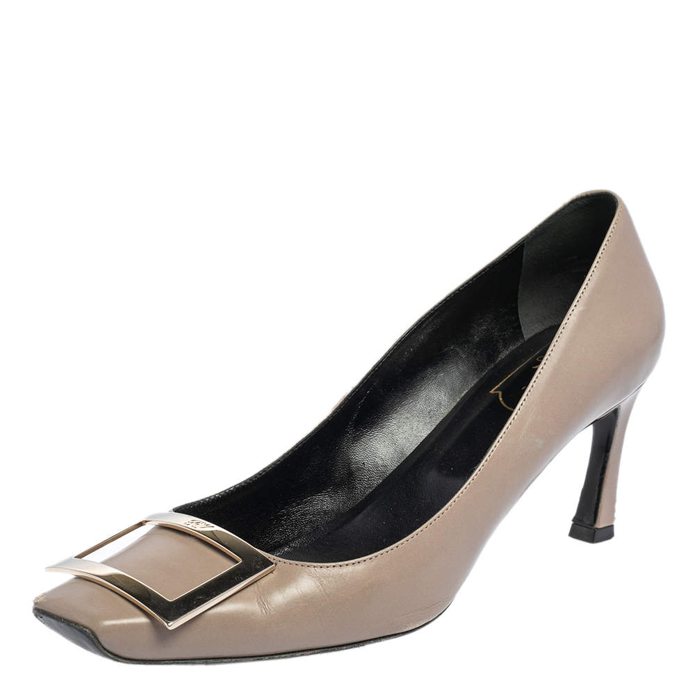 Pre Owned Roger Vivier Taupe Leather Trompette Embellished Pumps Size 38