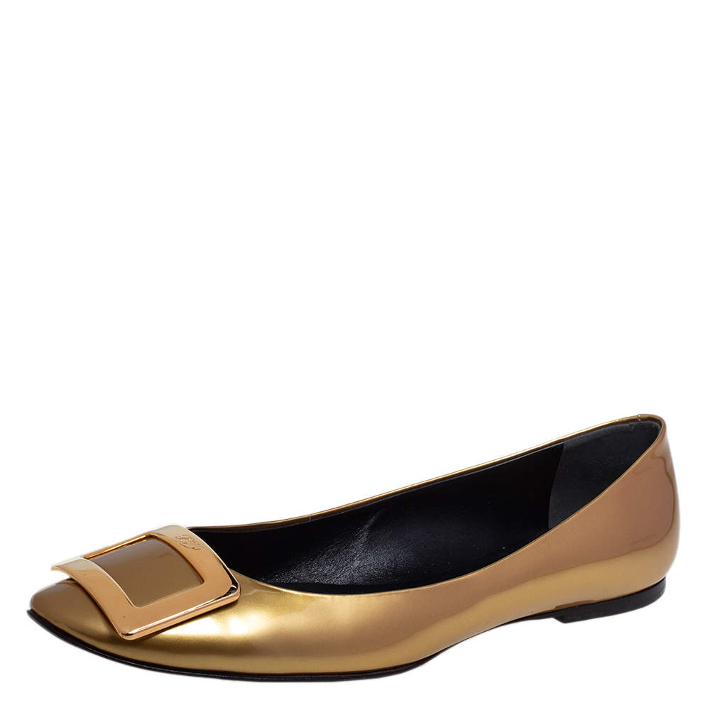 Pre Owned Roger Vivier Gold Patent Leather Trompette Ballet Flats Size 40