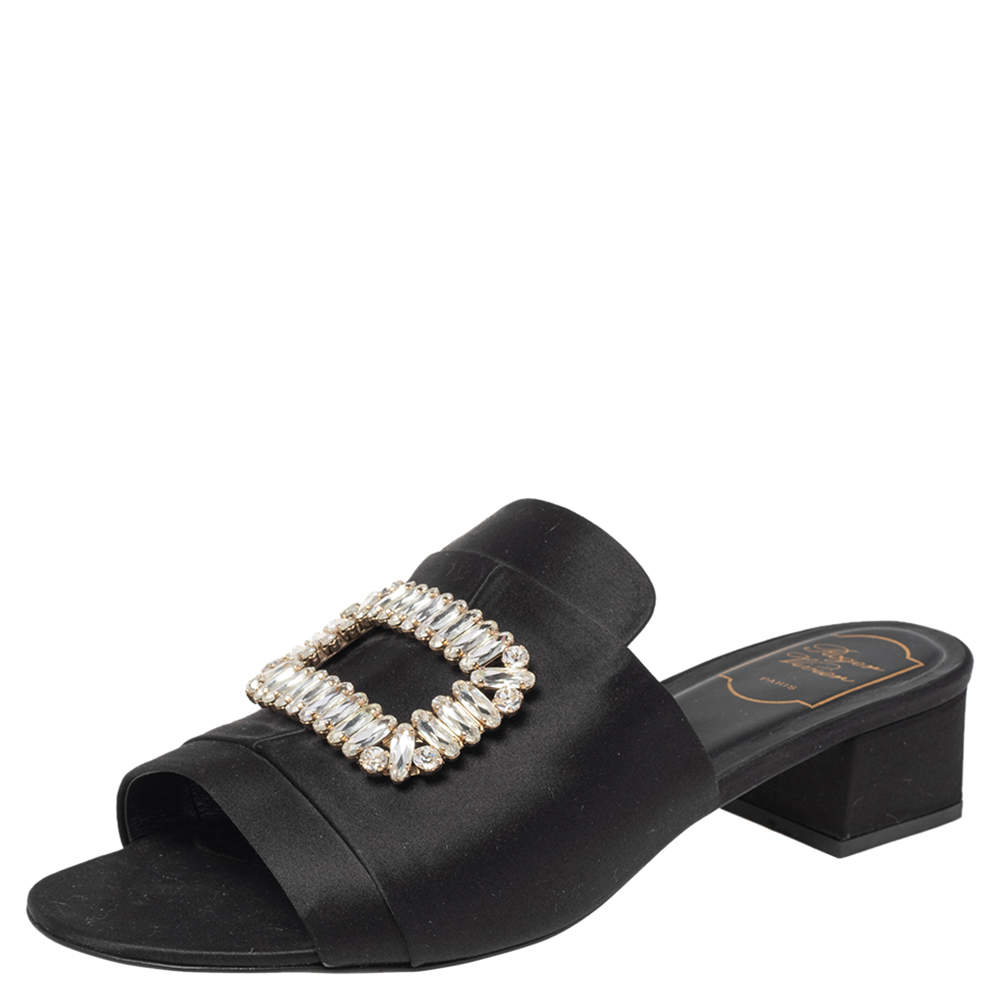 Roger Vivier Black Satin Crystal Embellished Slide Sandals Size 41