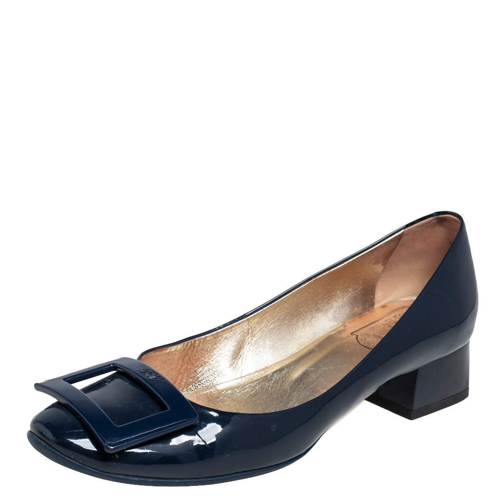 Pre Owned Roger Vivier Blue Patent Leather Buckle Block Heel Pumps Size 37.5