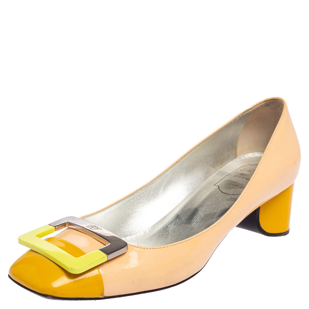 Pre Owned Roger Vivier Tri Color Patent Leather Buckle Pumps Size 38.5