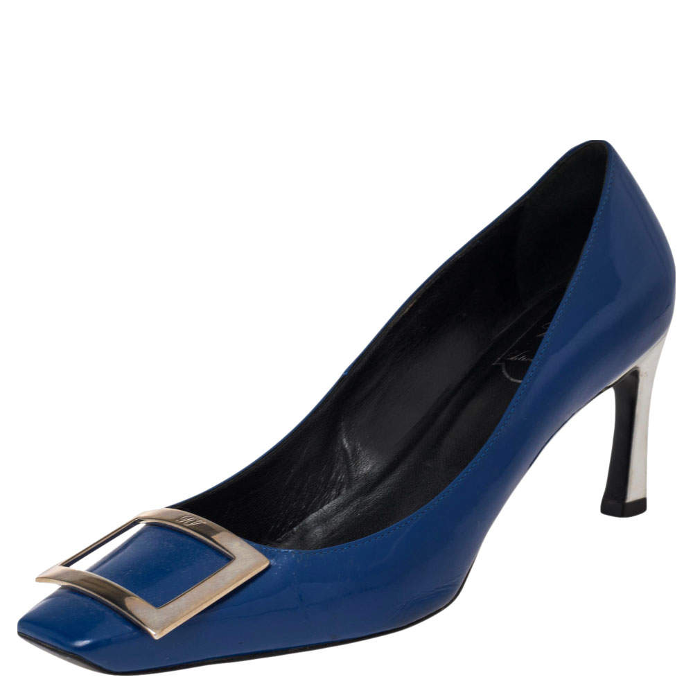 Pre Owned Roger Vivier Blue Patent Leather Trompette Buckle Pumps Size 38