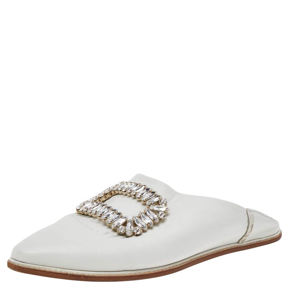 Pre Owned Roger Vivier White Leather Crystal Embellished Loafers Size 36.5