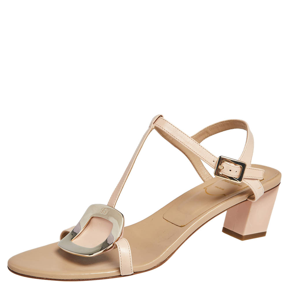 Pre Owned Roger Vivier Beige Leather Chips Embellished T-Strap Sandals Size 39.5